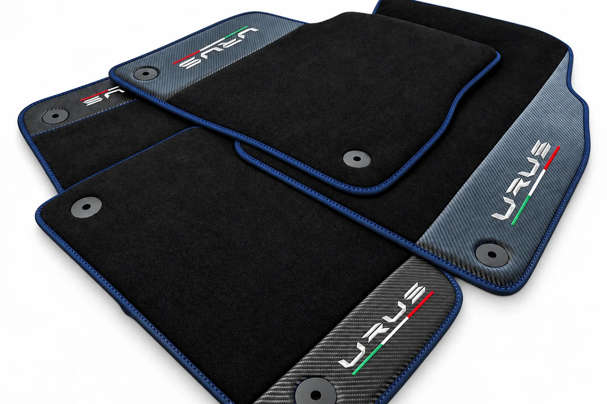 Black Floor Mats For Lamborghini Urus With Carbon Fiber Leather Dark Blue trim