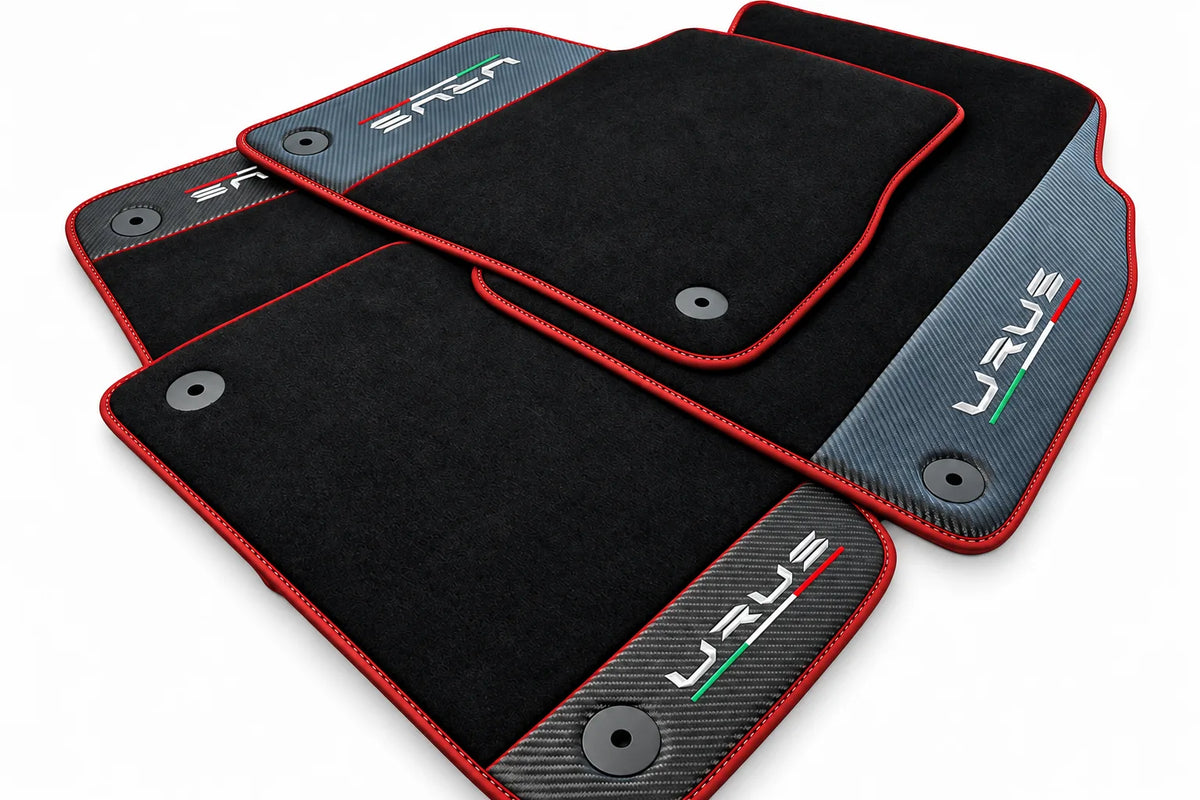 Black Floor Mats For Lamborghini Urus With Carbon Fiber Leather Red trim