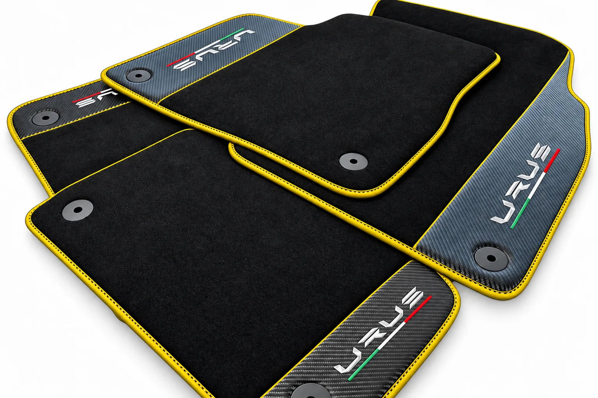 Black Floor Mats For Lamborghini Urus With Carbon Fiber Leather Yellow trim