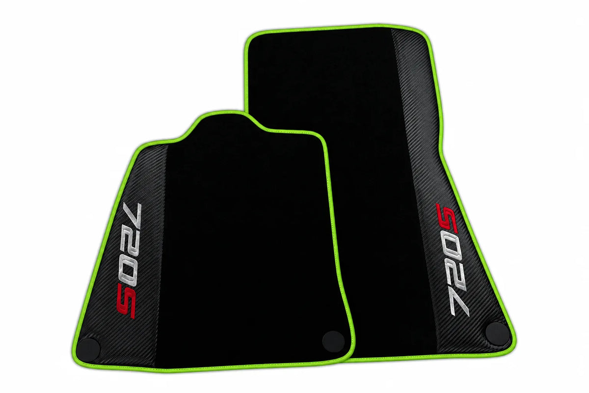 Black Floor Mats for McLaren 720S with Carbon Fiber | Various Trim Colors Green trim