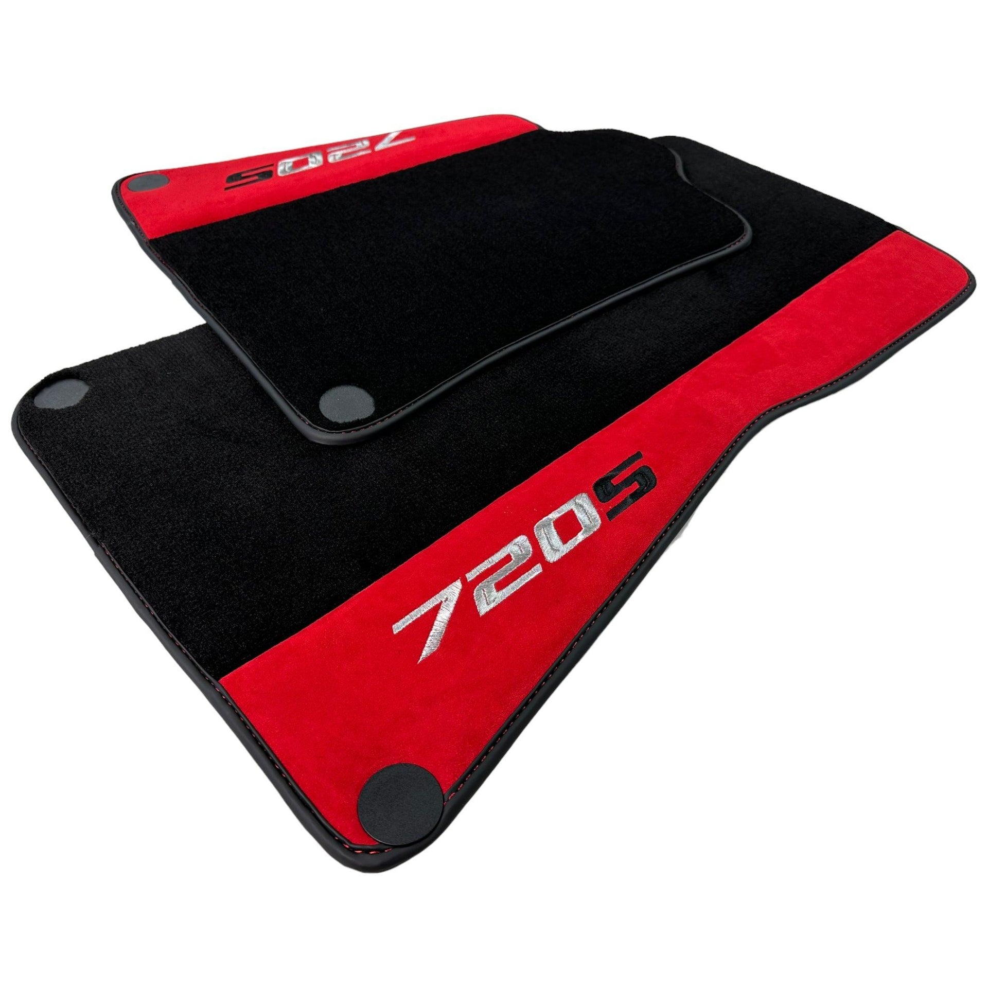 Black Floor Mats For McLaren 720S Year 2017-2021 With Red Alcantara Leather - AutoWin