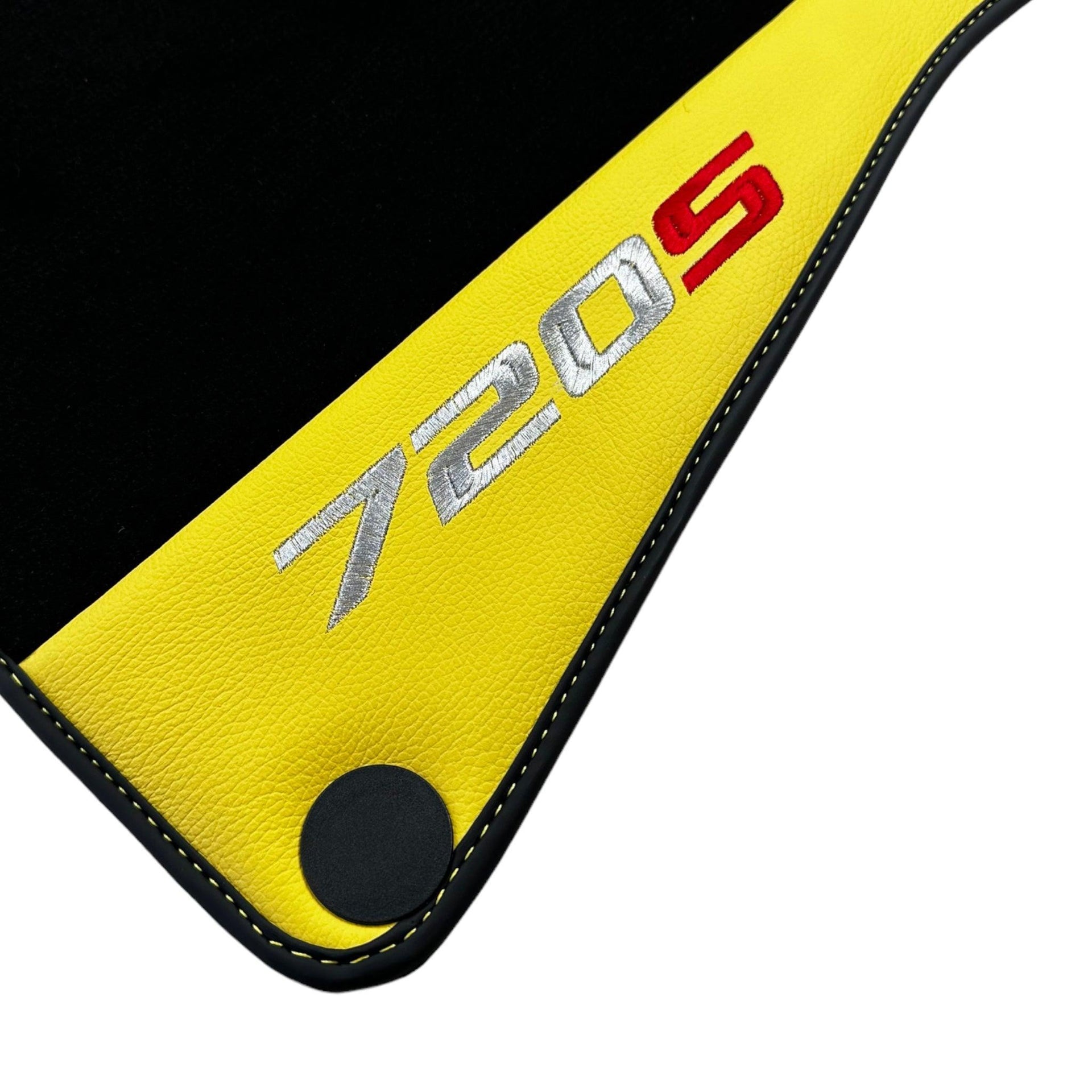 Black Floor Mats For McLaren 720S Year 2017-2021 With Yellow Leather - AutoWin