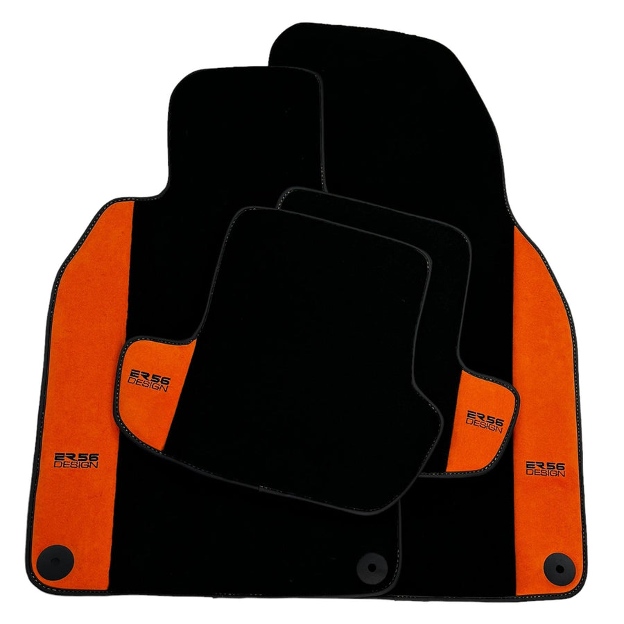 Black Floor Mats for Porsche Cayenne (2010-2018) with Orange Alcantara Leather ER56 Design - AutoWin