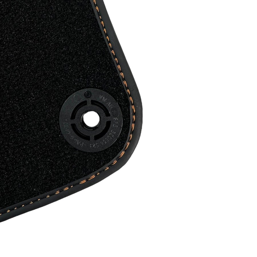 Black Floor Mats for Porsche Macan (2014-2023) with Orange Alcantara Leather ER56 Design - AutoWin