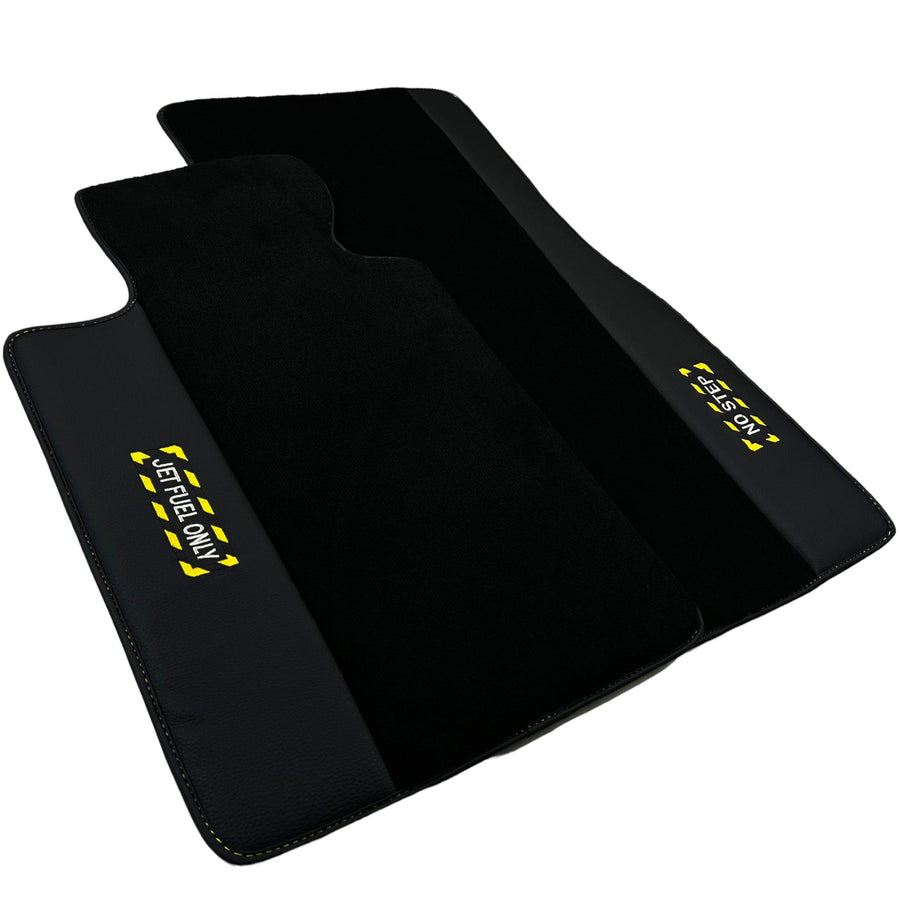 Black Floor Mats with Leather for BMW Gran Tourer F46 (2015-2022) 5 Seats - "Jet Fuel Only" - AutoWin