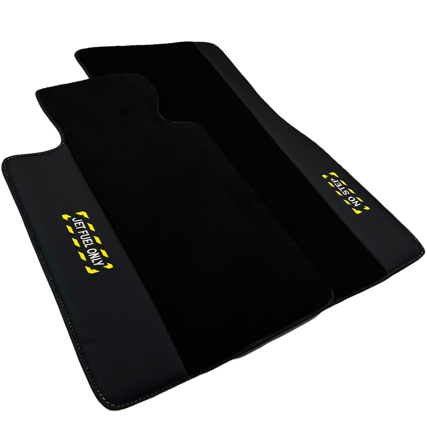 Black Floor Mats with Leather for BMW M5 G90 (2023-2026) Sedan - "Jet Fuel Only" - AutoWin