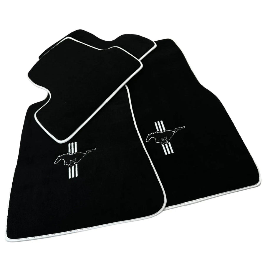 Black Floor Mats with White Trim For Ford Mustang V (2004-2010) With Pony - AutoWin