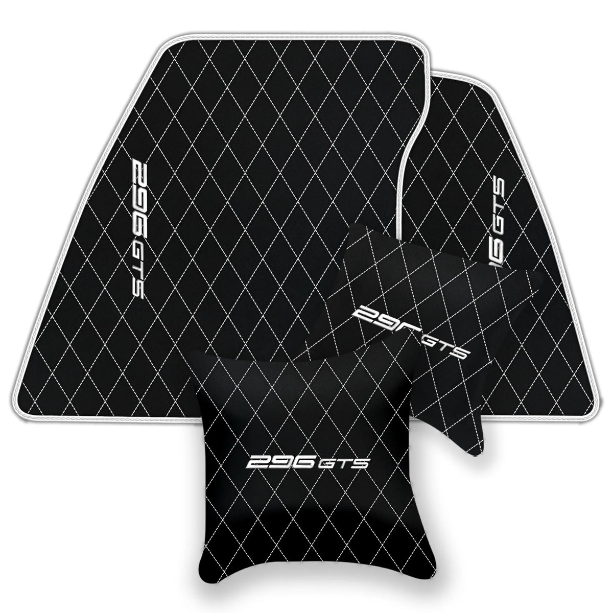 Black Leather Floor Mats for Ferrari 296 GTS (2022-2027) with Single Diamond Pattern | Full Set Option