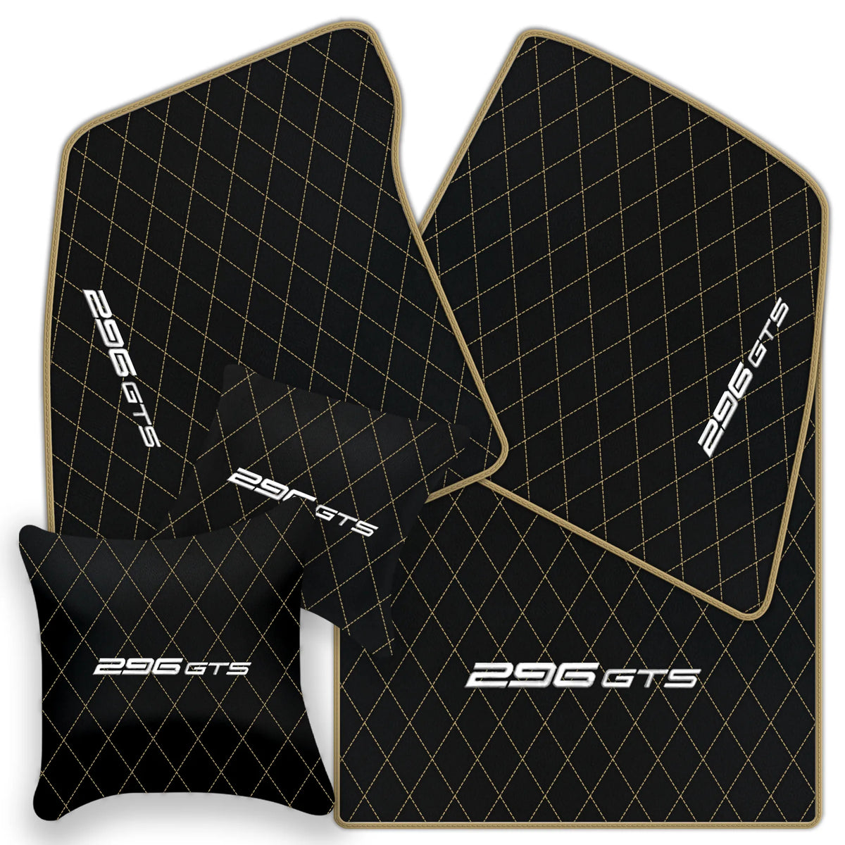 Black Leather Floor Mats for Ferrari 296 GTS (2022-2027) with Single Diamond Pattern | Full Set Option