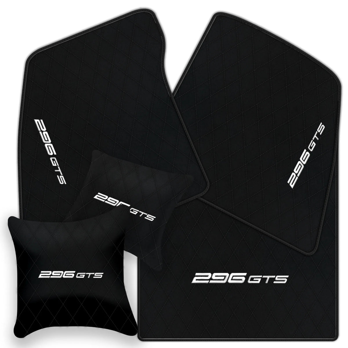Black Leather Floor Mats for Ferrari 296 GTS (2022-2027) with Single Diamond Pattern | Full Set Option