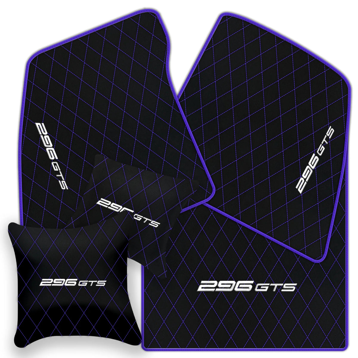 Black Leather Floor Mats for Ferrari 296 GTS (2022-2027) with Single Diamond Pattern | Full Set Option