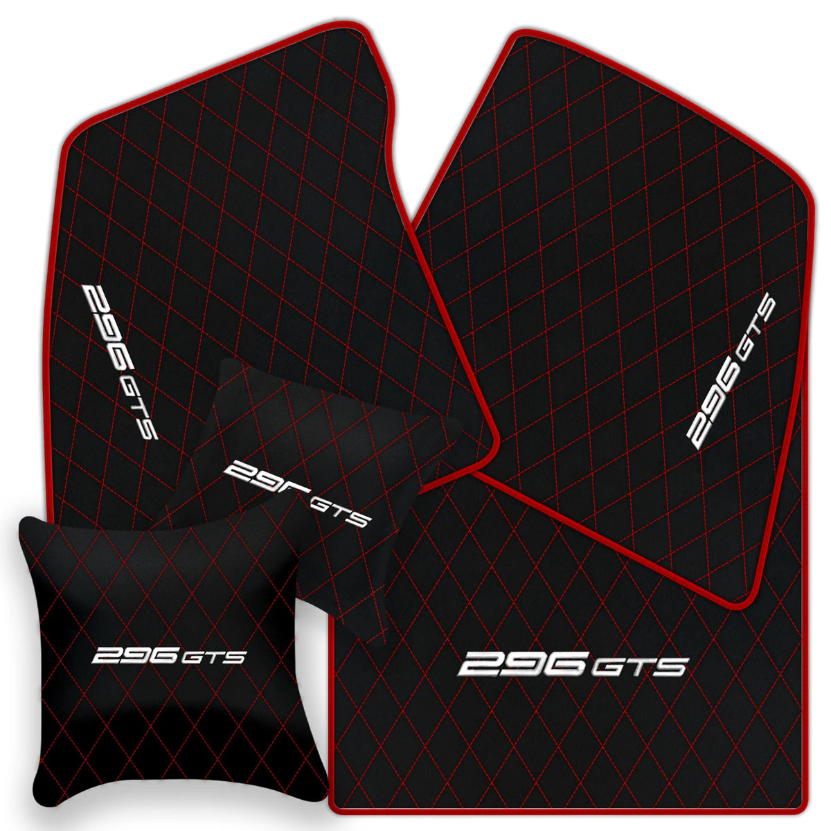 Black Leather Floor Mats for Ferrari 296 GTS (2022-2027) with Single Diamond Pattern | Full Set Option