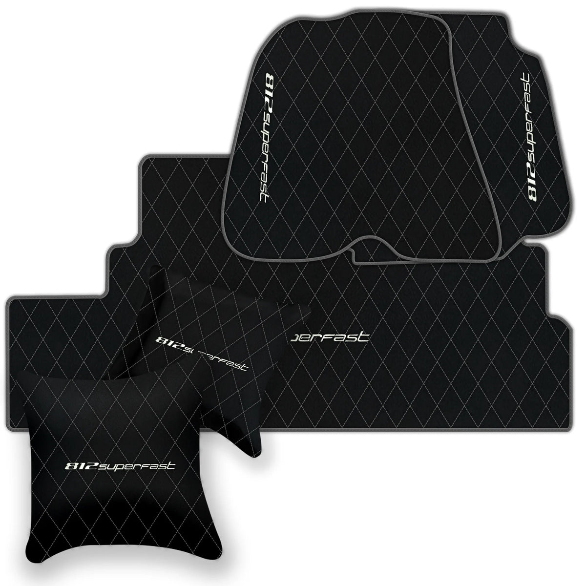 Black Leather Floor Mats for Ferrari 812 Superfast (2018-2023) with Single Diamond Pattern | Full Set Option