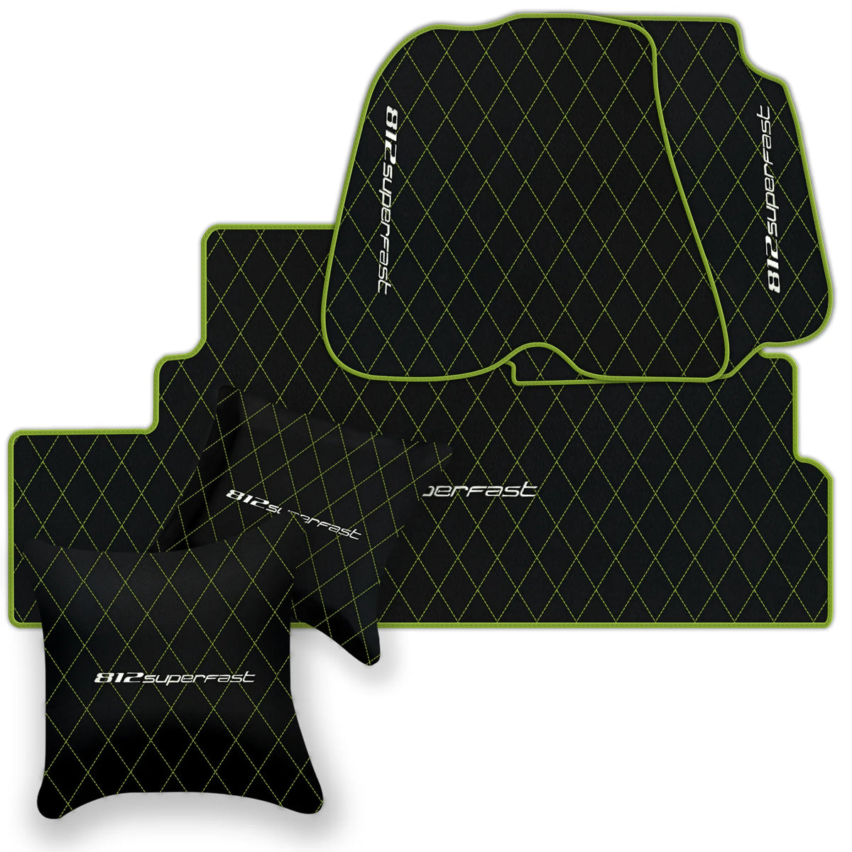 Black Leather Floor Mats for Ferrari 812 Superfast (2018-2023) with Single Diamond Pattern | Full Set Option