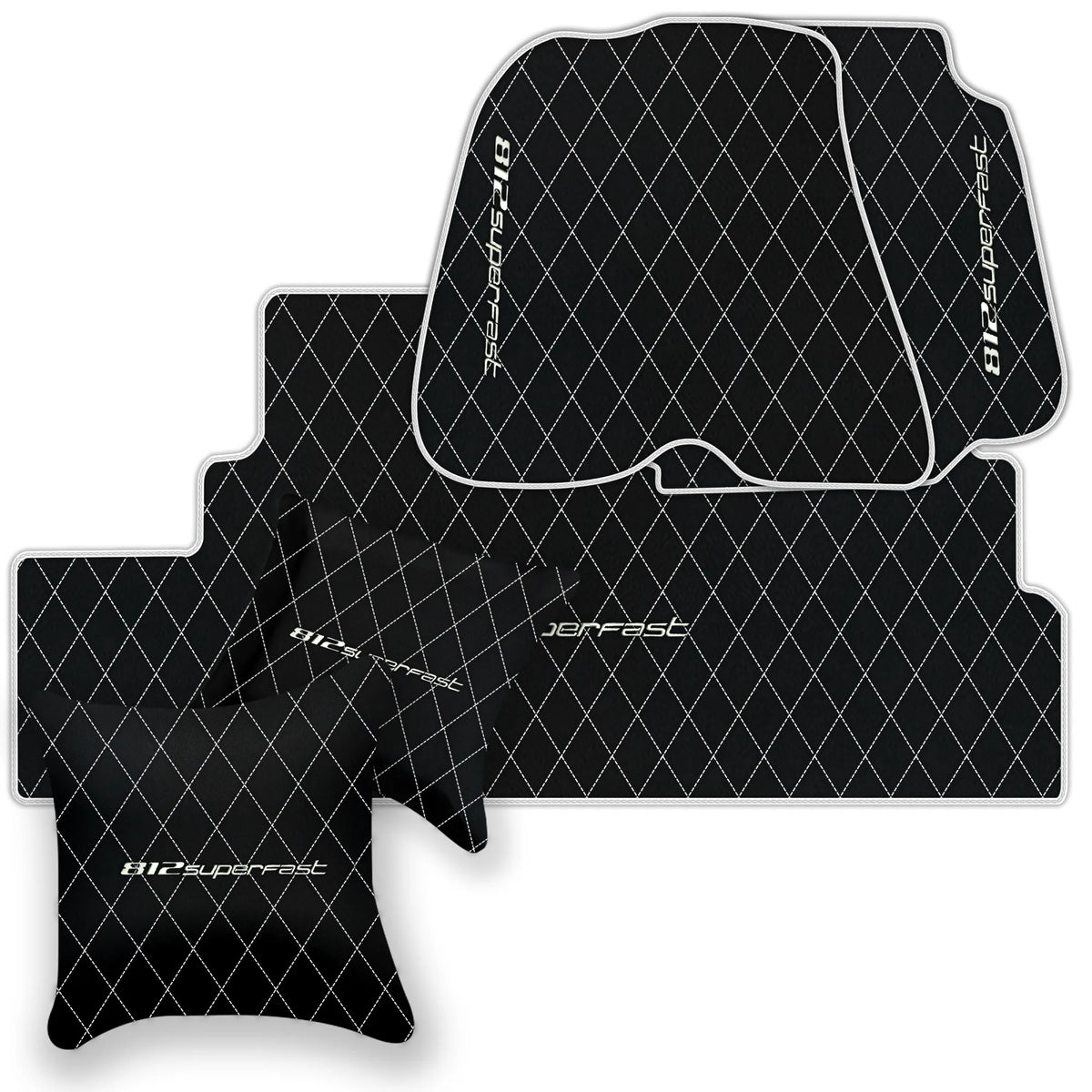 Black Leather Floor Mats for Ferrari 812 Superfast (2018-2023) with Single Diamond Pattern | Full Set Option