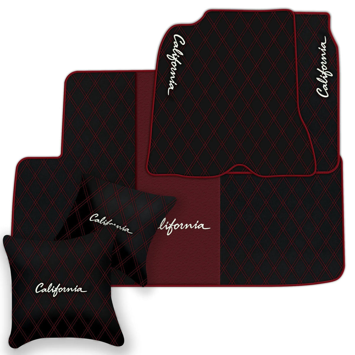 Black Leather Floor Mats for Ferrari California (2008-2014) with Double Diamond Pattern | Full Set Option