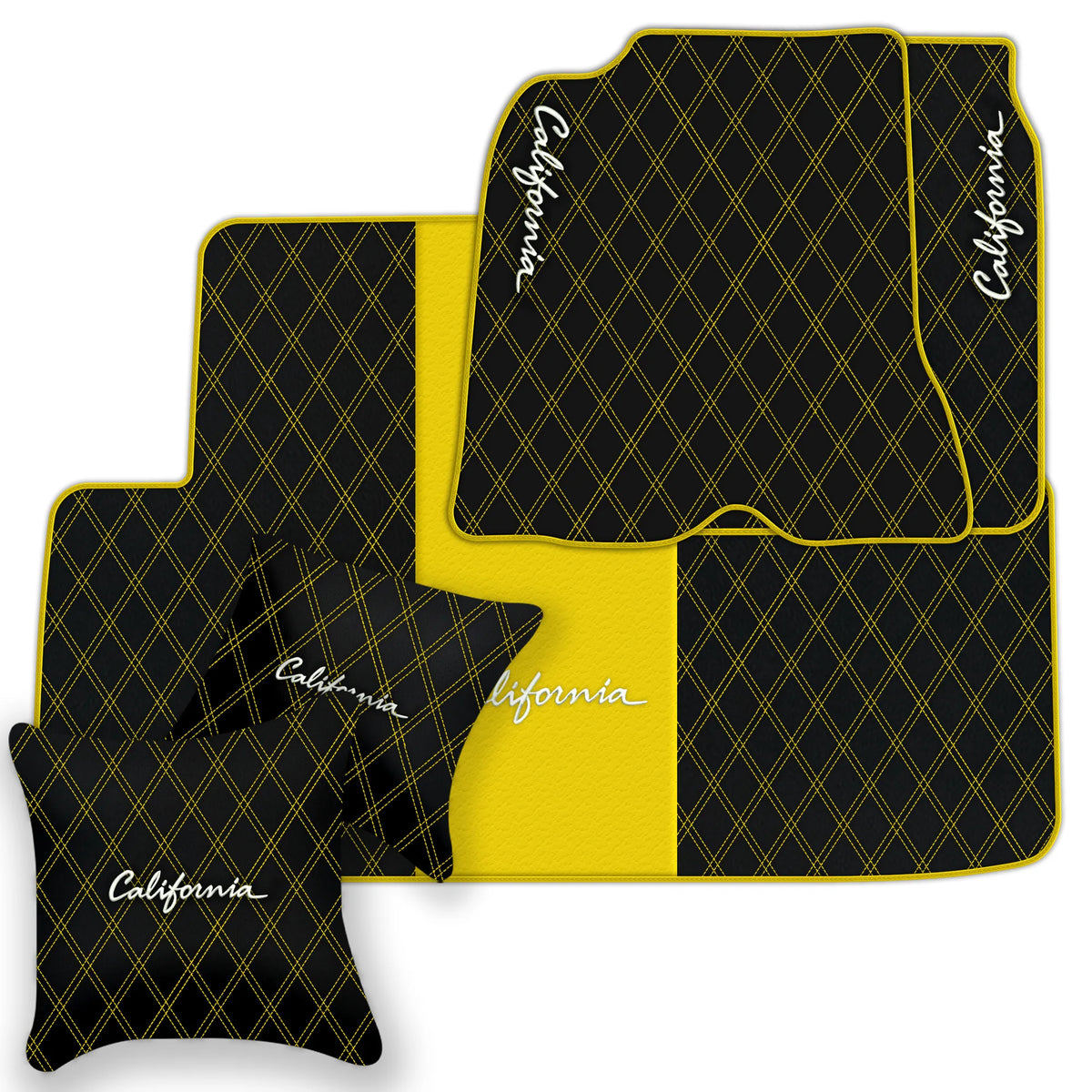 Black Leather Floor Mats for Ferrari California (2008-2014) with Double Diamond Pattern | Full Set Option
