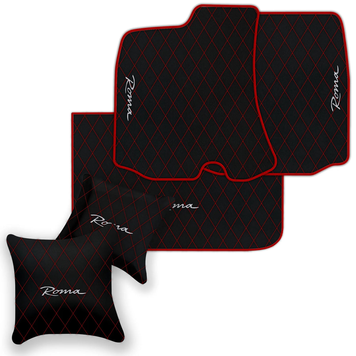 Black Leather Floor Mats for Ferrari Roma (2021-2027) with Single Diamond Pattern | Full Set Option