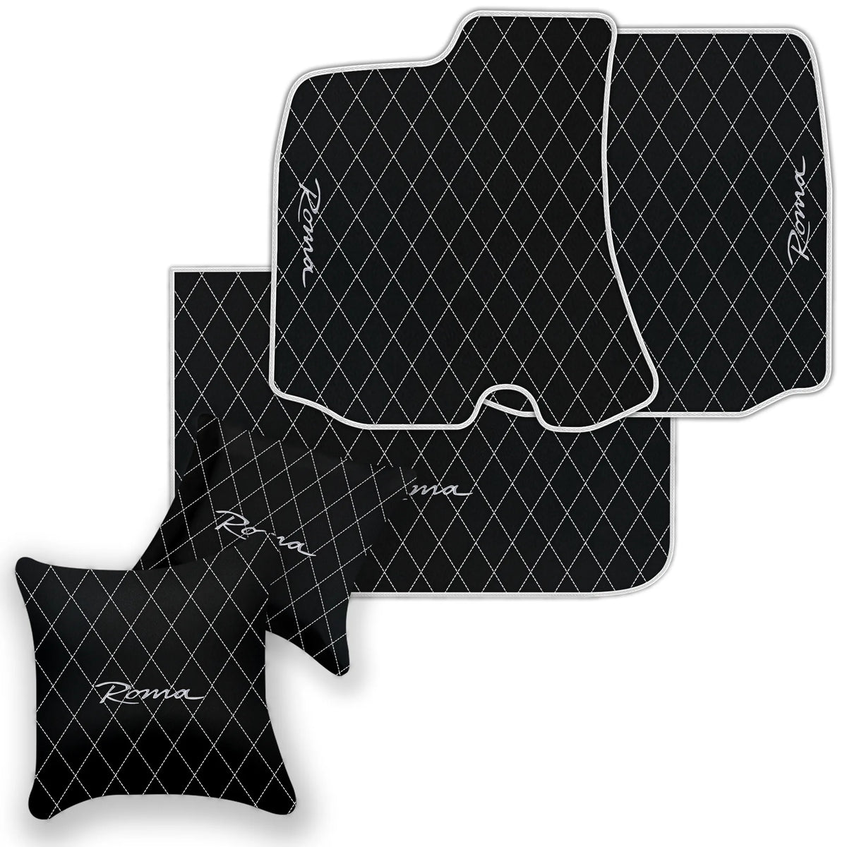 Black Leather Floor Mats for Ferrari Roma (2021-2027) with Single Diamond Pattern | Full Set Option