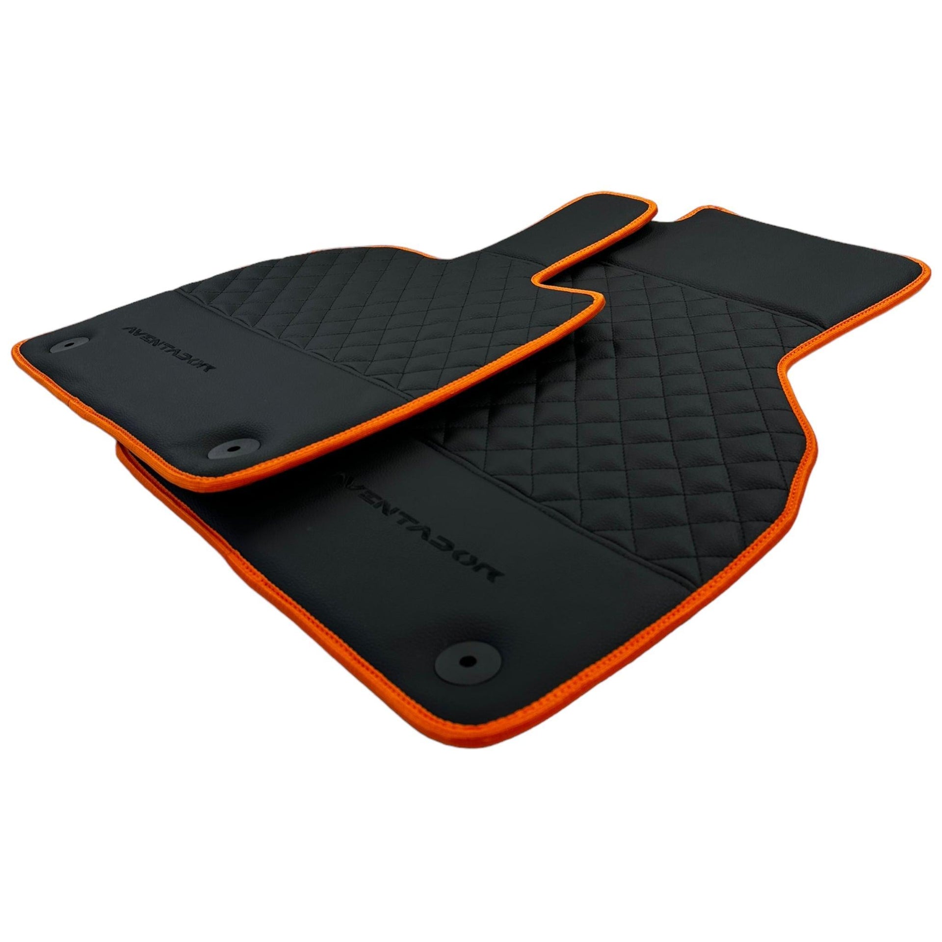 Black Leather Floor Mats For Lamborghini Aventador with Orange Trim - AutoWin