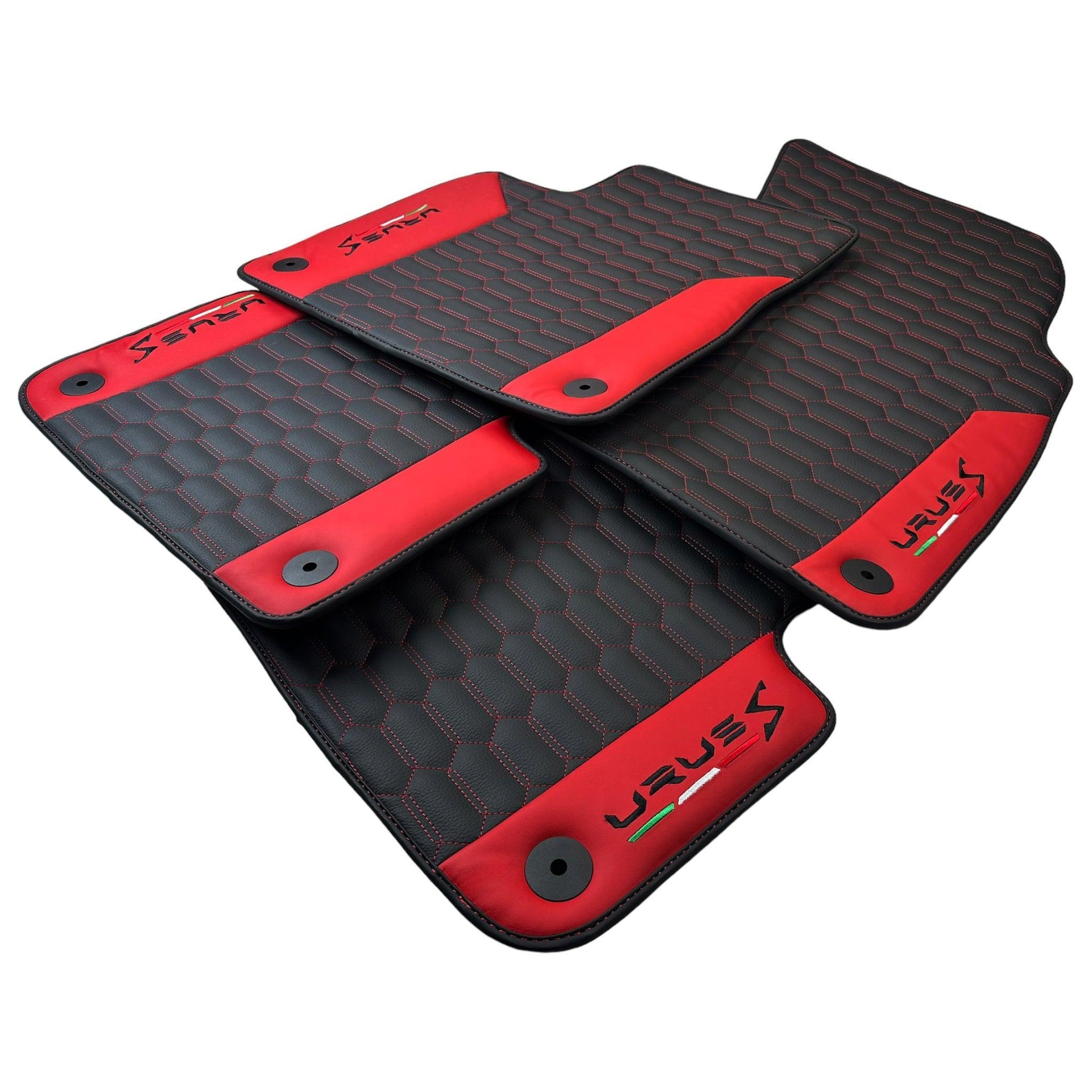 Black Leather Floor Mats For Lamborghini Urus S With Red Nappa Leather - AutoWin