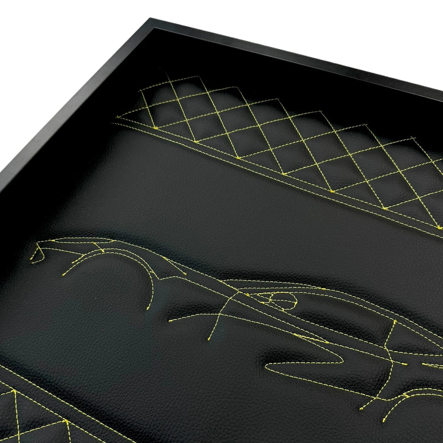 Black Leather Inspired Wall Art: Embroidered Yellow Stitch Luxury Decor