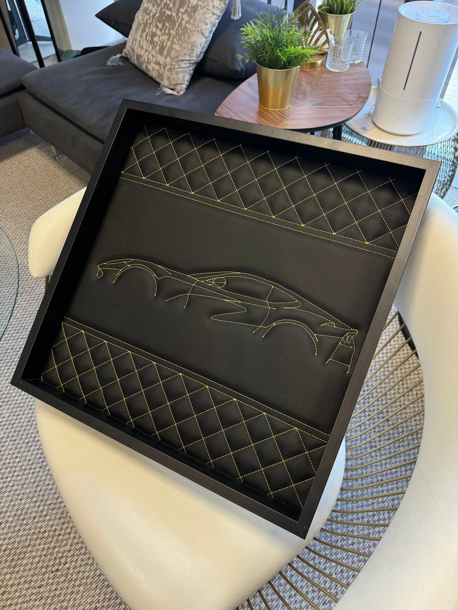 Black Leather Inspired Wall Art: Embroidered Yellow Stitch Luxury Decor