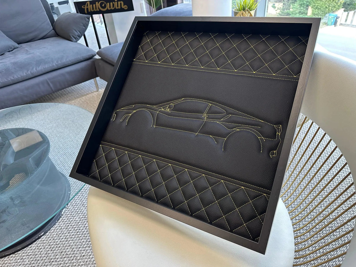Black Leather Ferrari 458 Inspired Wall Art: Embroidered Yellow Stitch Luxury Decor - AutoWin