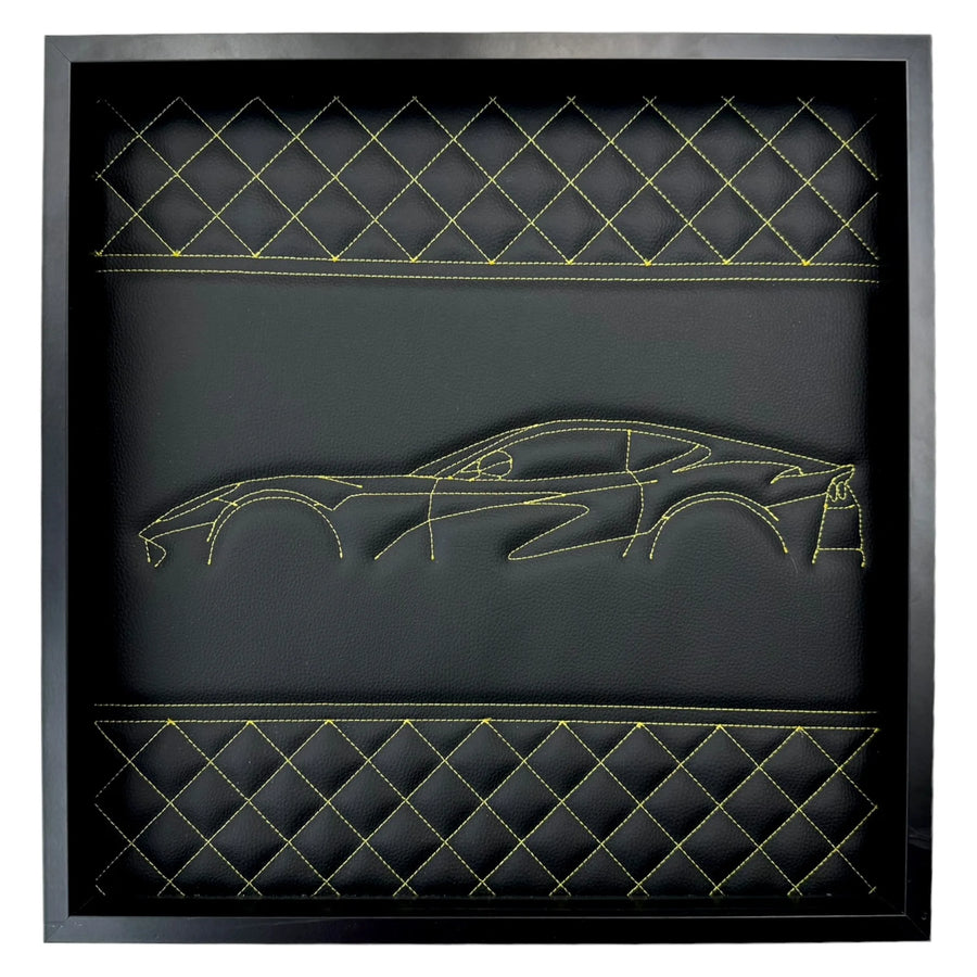 Black Leather Inspired Wall Art: Embroidered Yellow Stitch Luxury Decor