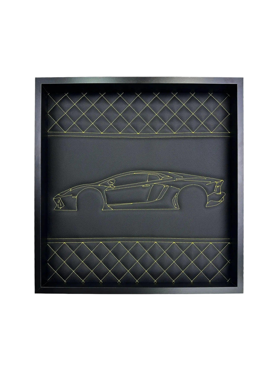 Black Leather Lamborghini Huracan Inspired Wall Art: Embroidered Yellow Stitch Luxury Decor - AutoWin