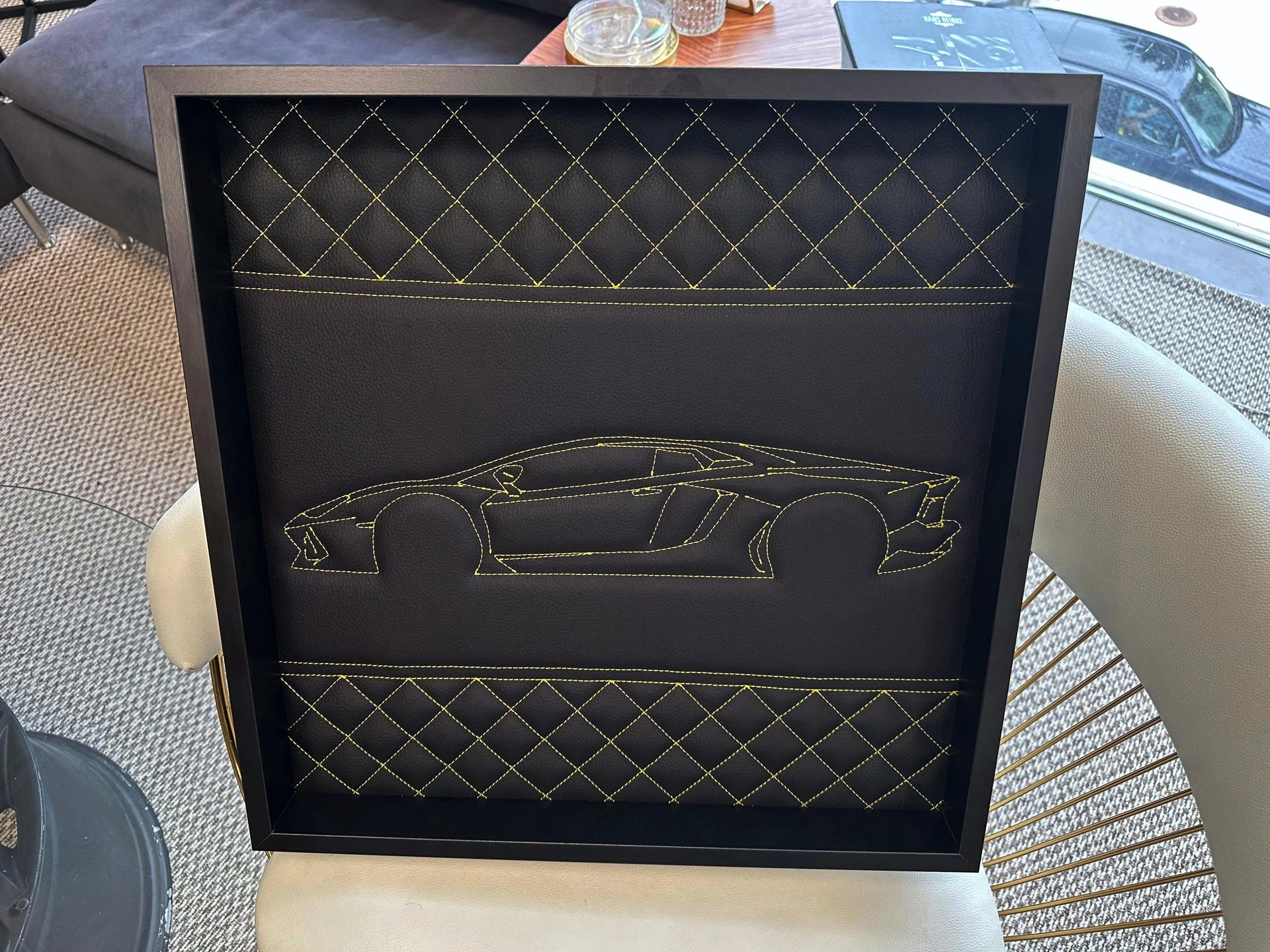 Black Leather Lamborghini Huracan Inspired Wall Art: Embroidered Yellow Stitch Luxury Decor - AutoWin