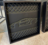 Black Leather Lamborghini Huracan Inspired Wall Art: Embroidered Yellow Stitch Luxury Decor - AutoWin