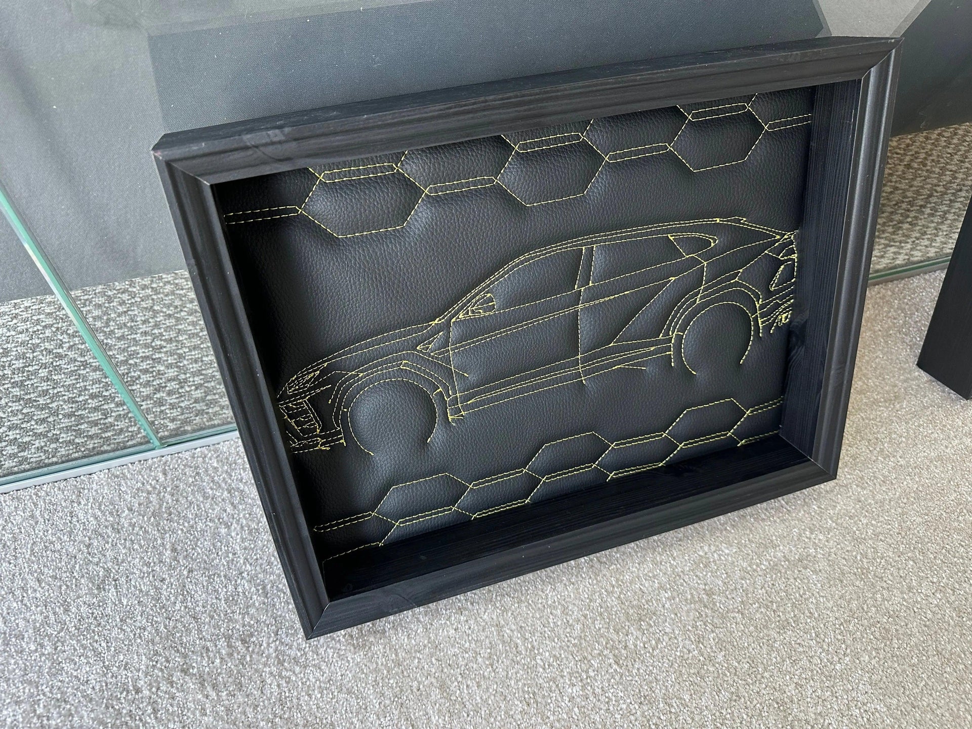 Black Leather Lamborghini Urus Inspired Wall Art: Embroidered Yellow Stitch - AutoWin