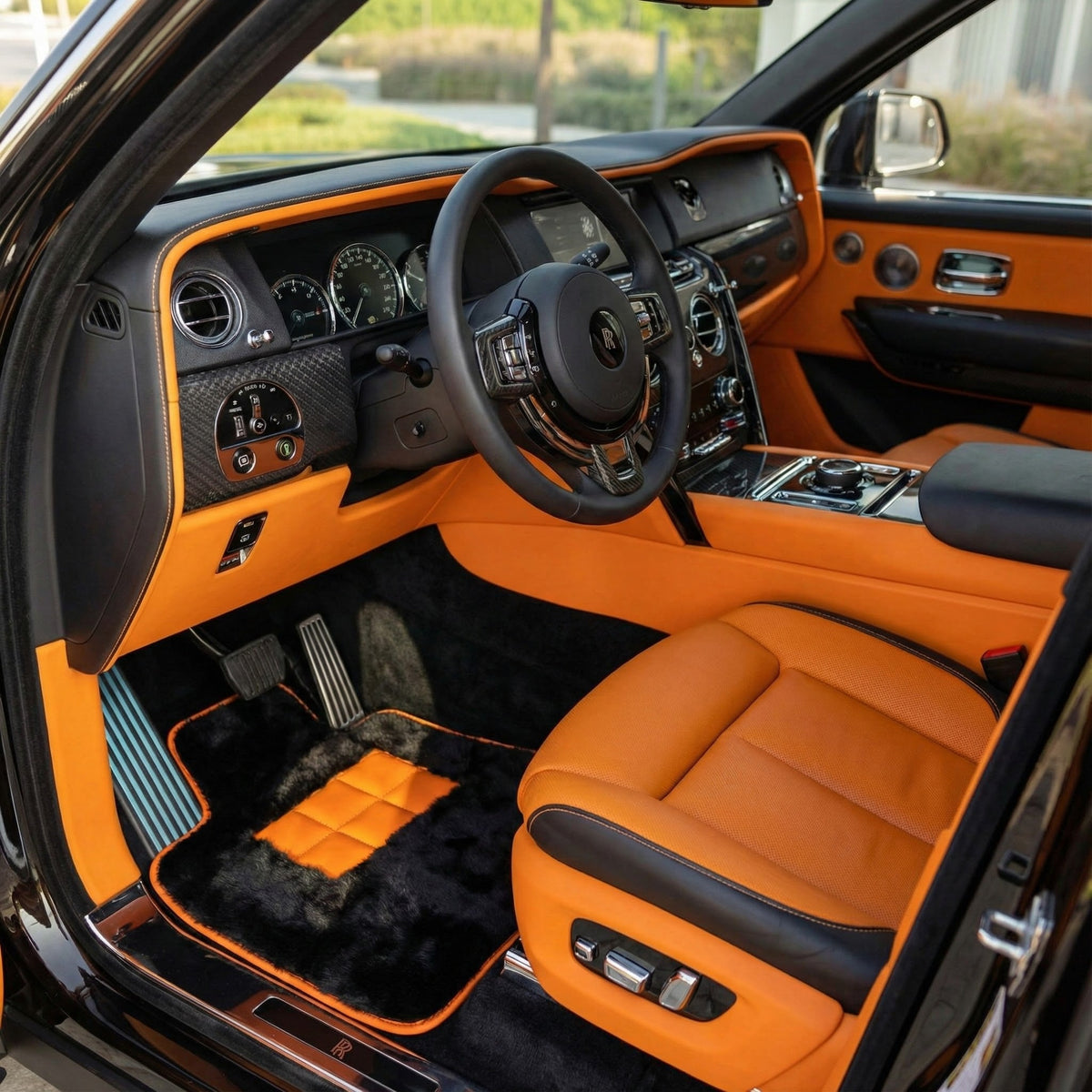 Interior look of floor mats for Rolls-Royce Cullinan Orange Leather Trim