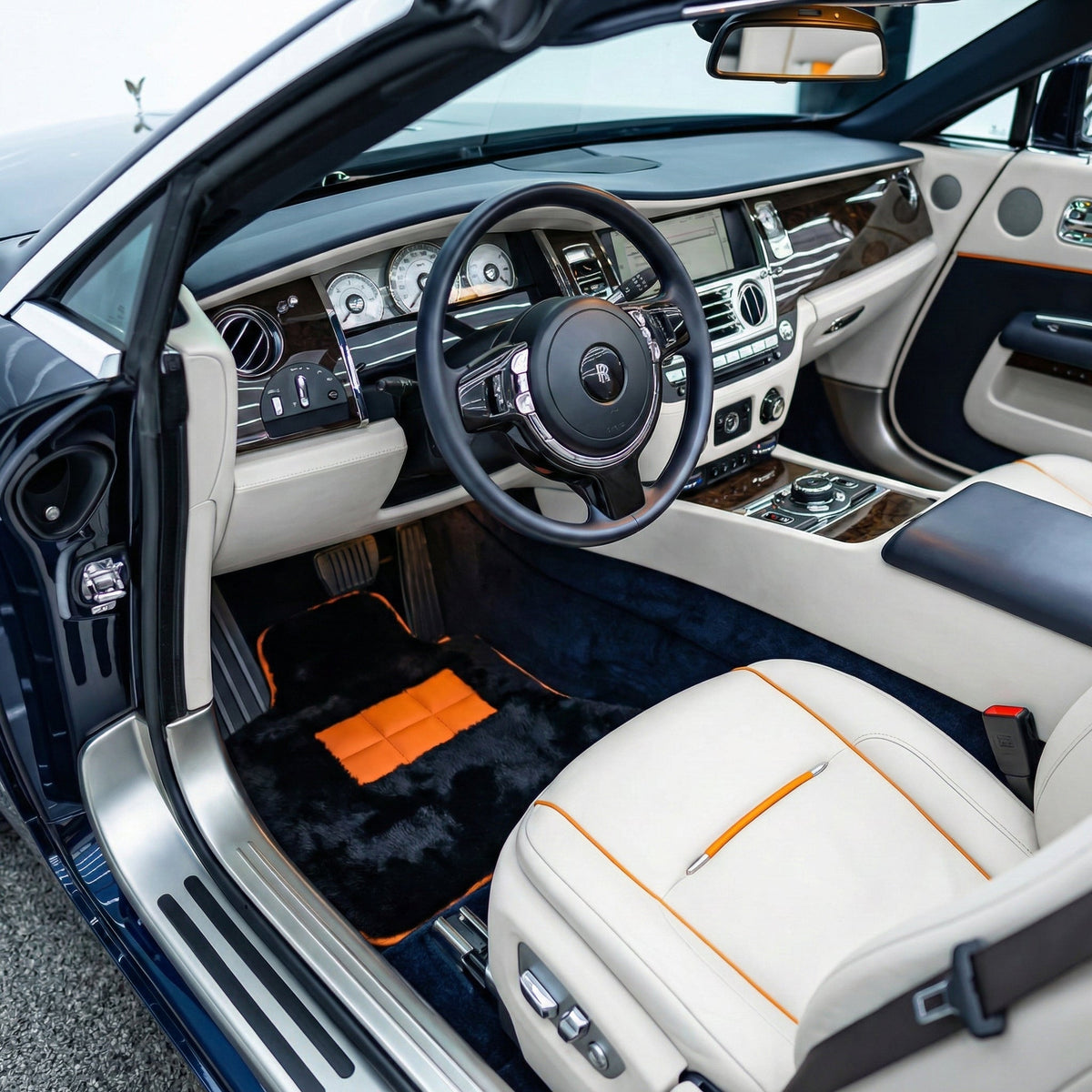 Black Sheepskin Floor Mats for Rolls-Royce Dawn Orange Leather Trim