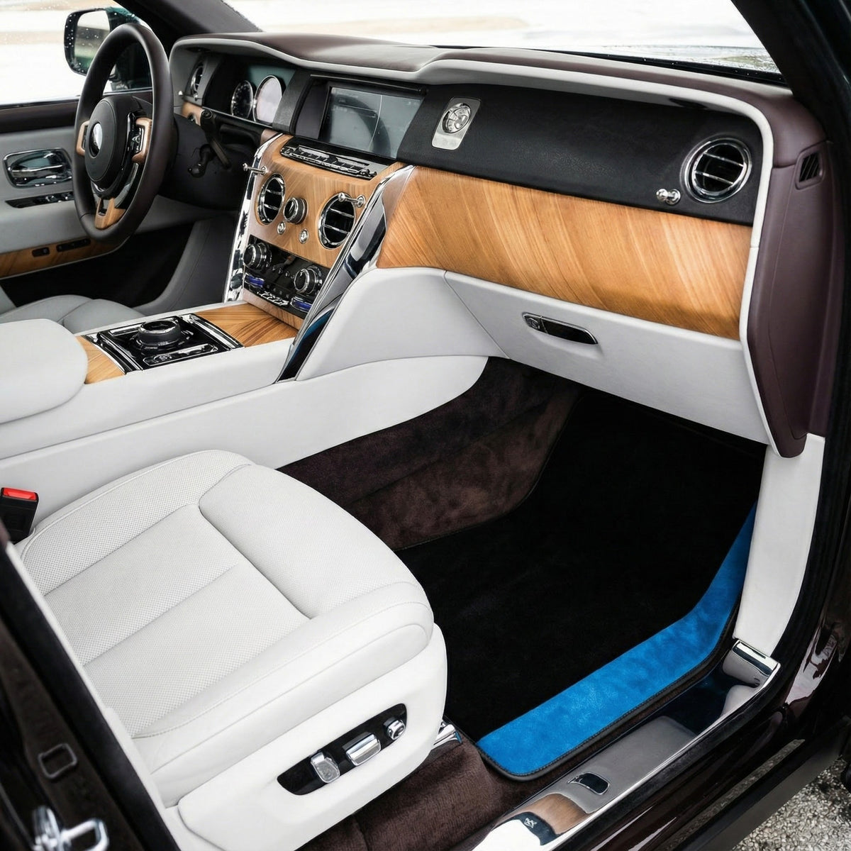 Custom Black Floor Mats For Rolls Royce Black Badge Cullinan Blue Alcantara