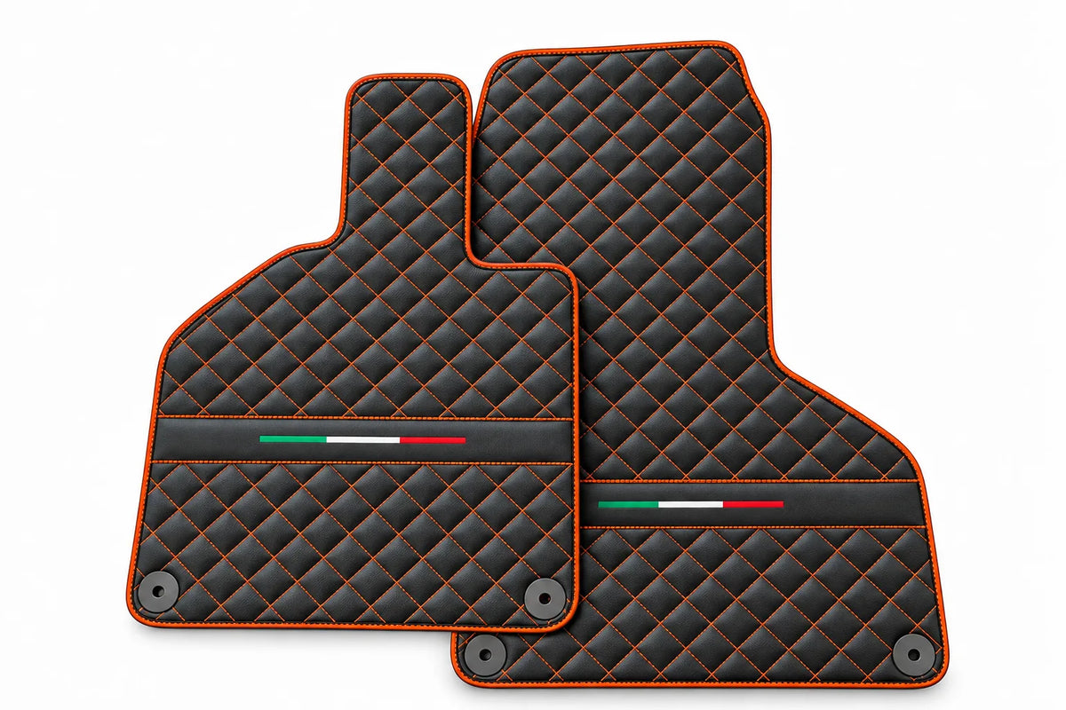 Custom Black Leather Floor Mats for Lamborghini Huracan Perfomante | Green Stitching Orange trim