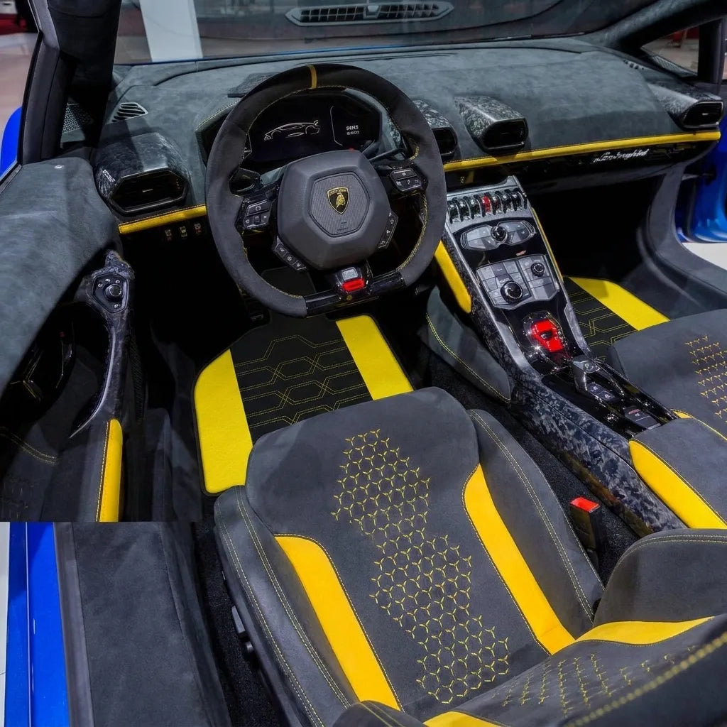 Customizable Leather Floor Mats with AH01 Pattern for Lamborghini Huracan Performante (2017-2019) inside the vehicle