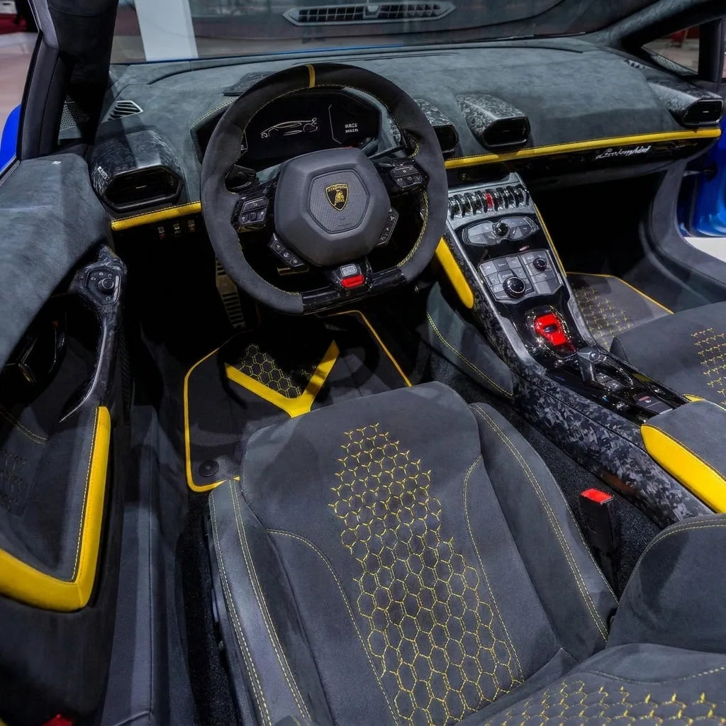 Customizable Leather Floor Mats with AW26 Pattern for Lamborghini Huracan Performante (2017-2019) inside the vehicle