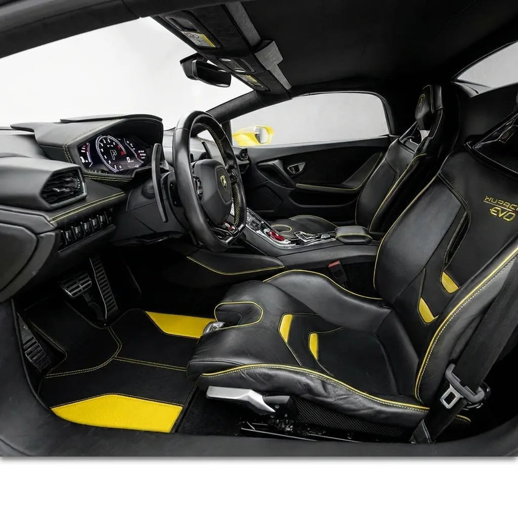 Customizable Leather Floor Mats with AW27 Pattern for Lamborghini Huracan EVO (2019-2024) inside the vehicle