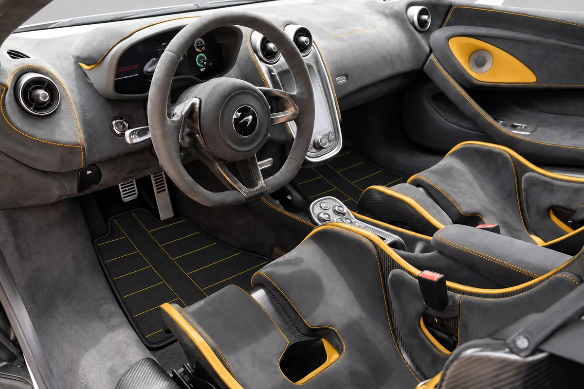 Customizable Leather Floor Mats with AW30 Pattern for McLaren 600LT (2018-2020) inside the vehicle
