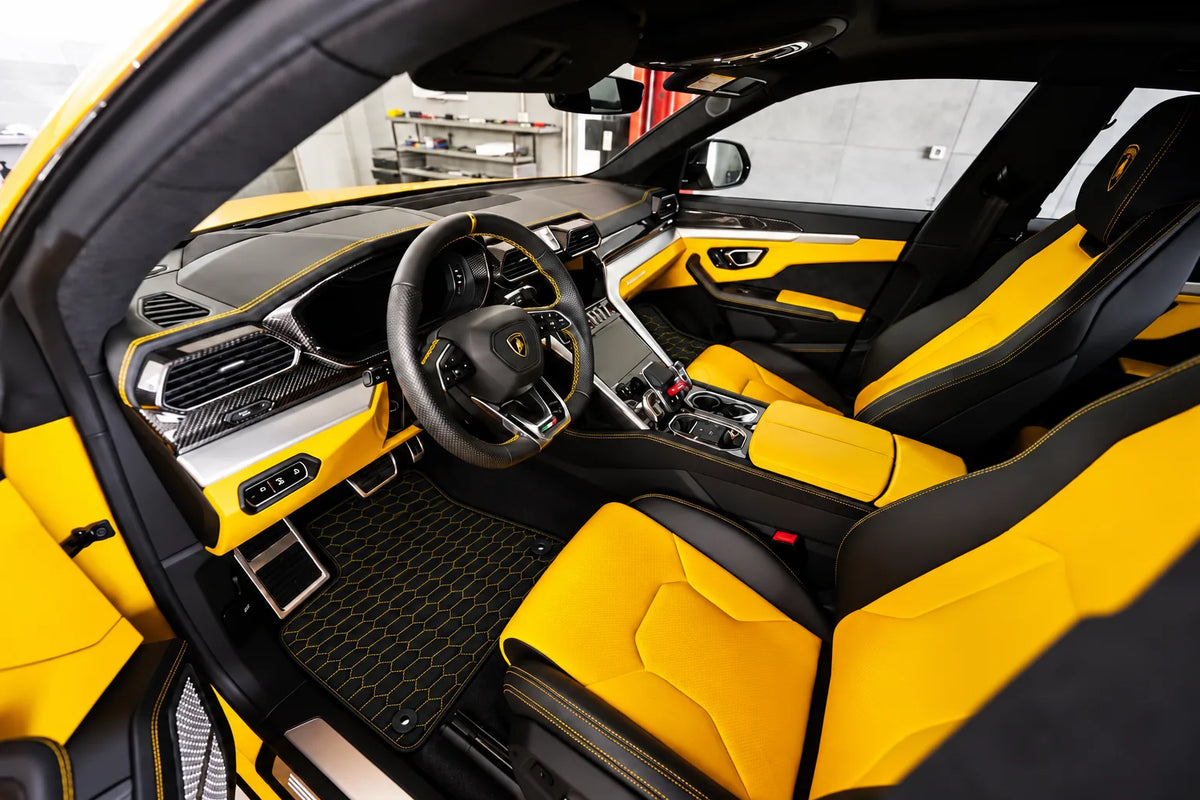 Customizable Leather Floor Mats with Raptor Hex Pattern for Lamborghini Urus (2018-2027) inside the vehicle