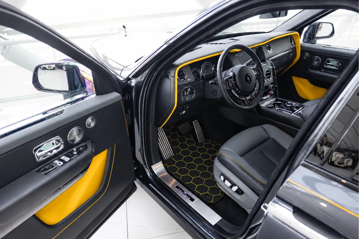 Customizable Leather Floor Mats with Symmetrical Hex Pattern for Rolls Royce Cullinan (2018-2025) inside the vehicle