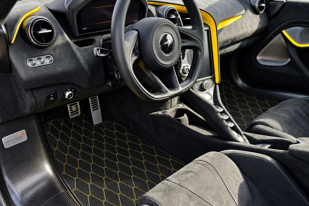Customizable Leather Floor Mats with Vertical Hex Pattern for McLaren 750S (2023-2025) inside the vehicle
