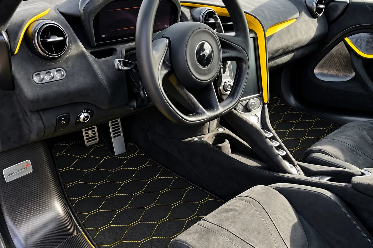 Customizable Leather Floor Mats with Viper Hex Pattern for McLaren 750S (2023-2025) inside the vehicle