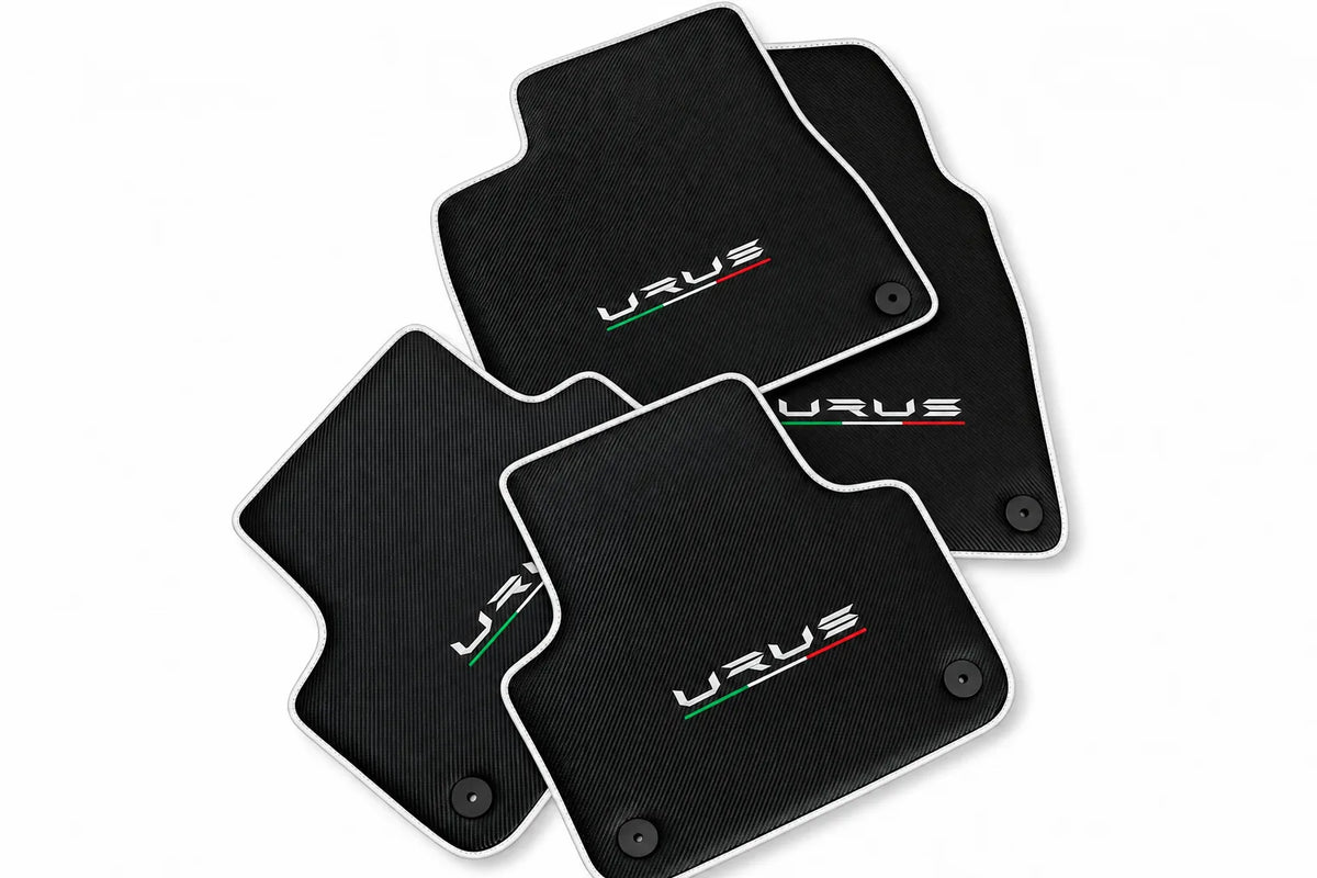 Floor Mats For Lamborghini Urus Made From Carbon Fiber Leather White trim