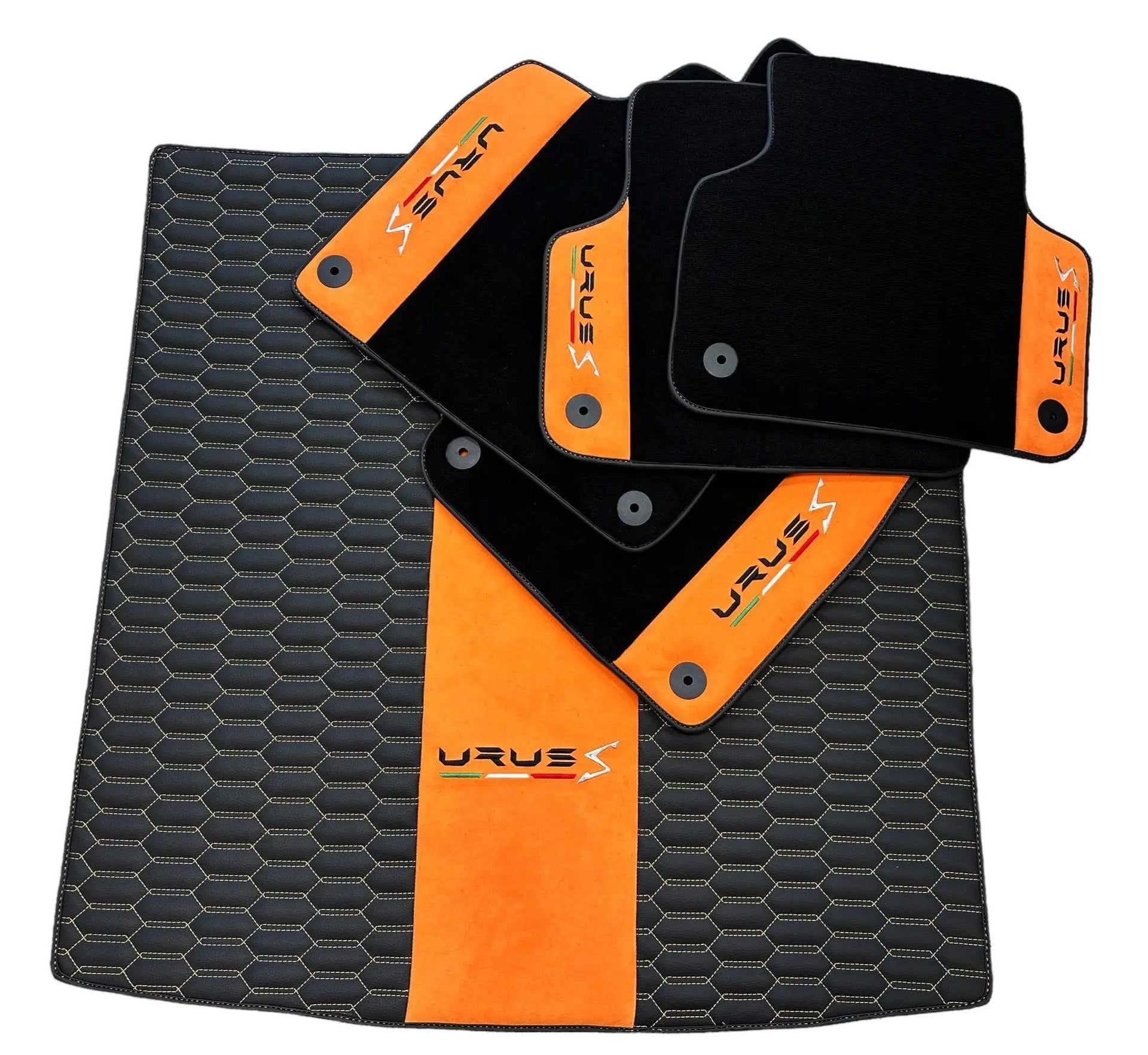 Floor Mats Set with Trunk Mat For Lamborghini Urus S With Orange Alcantara Leather - AutoWin