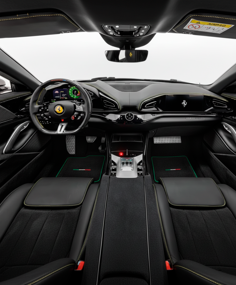 Czarne dywaniki samochodowe do Ferrari Purosangue z zielonym wykończeniem | Wydanie włoskie