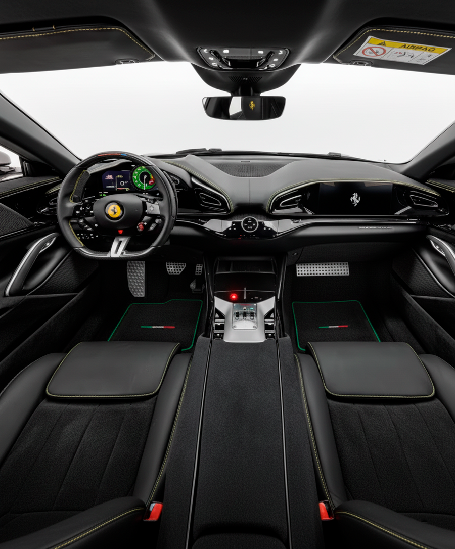 Czarne dywaniki samochodowe do Ferrari Purosangue z zielonym wykończeniem | Wydanie włoskie