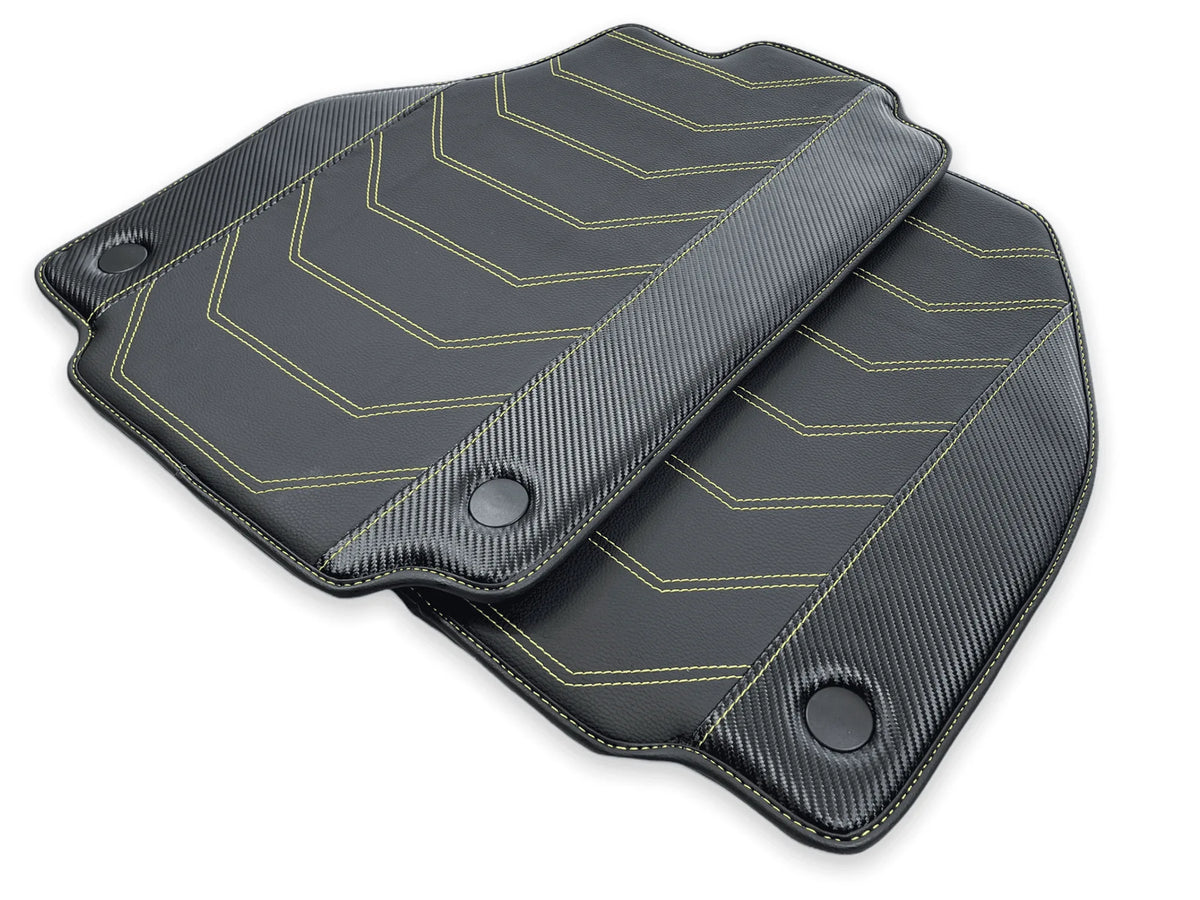 Leather Floor Mats For Ferrari 458 Italia 2009-2015 Black With Yellow Sewing - AutoWin